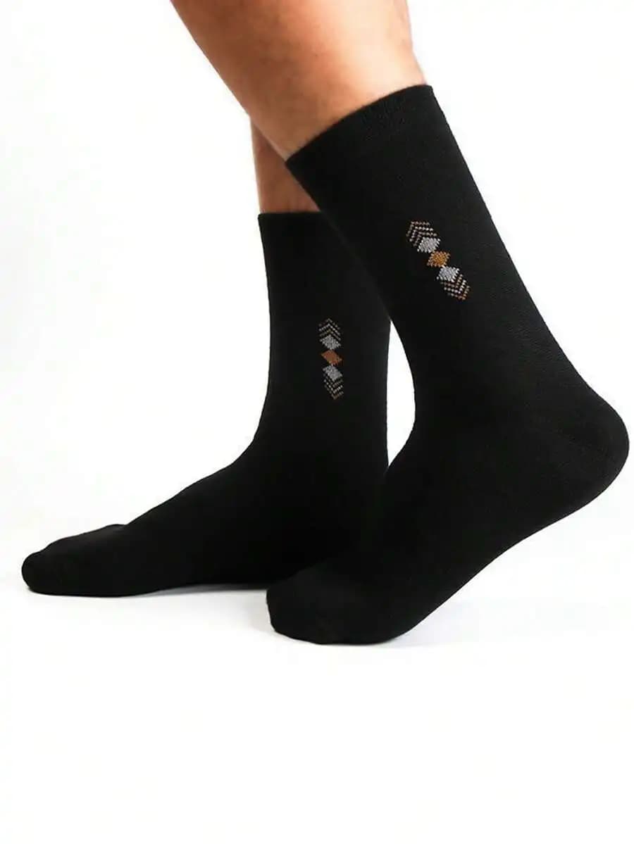 Mens Black Mid-Calf Socks With Geometric Pattern Comfortable Casual Business Daily Wear
