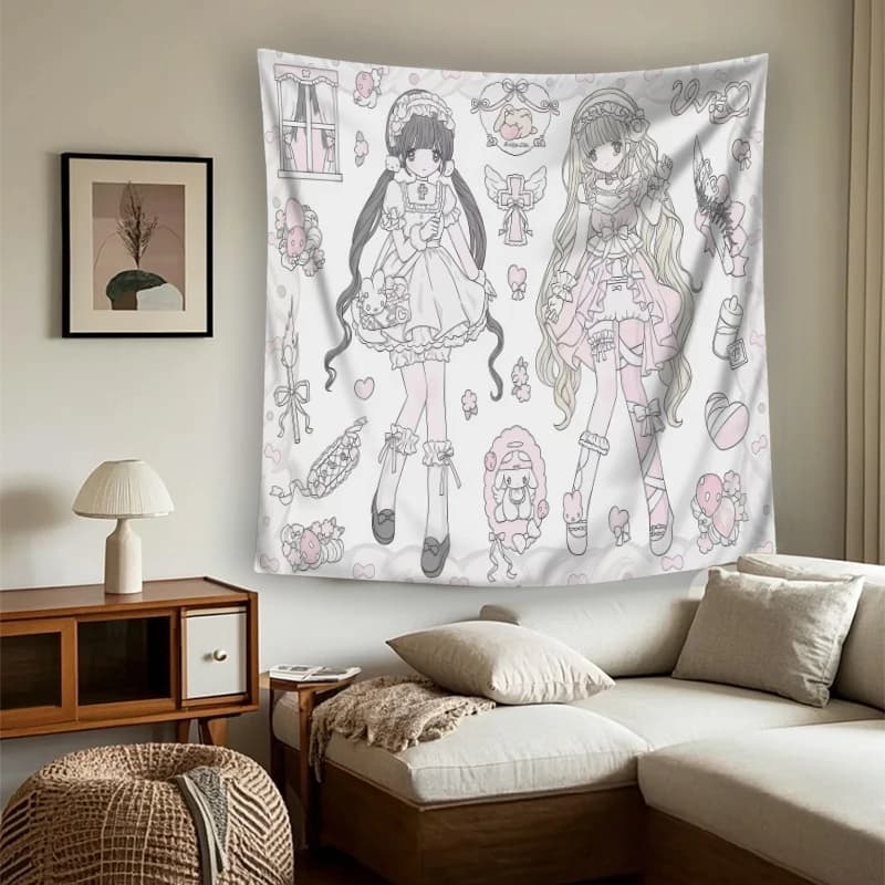 1PC Digital Print Tapestry Wall Hanging, Pink Anime Girl Portrait Dreamy Aesthetic, Kawaii Japanese Manga Wall Art Decor