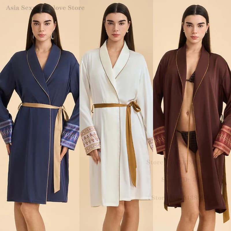New woman sexy underwear dress lingerie night shirt long sleeves kimono nightwear spring summer casual satin house dressing room