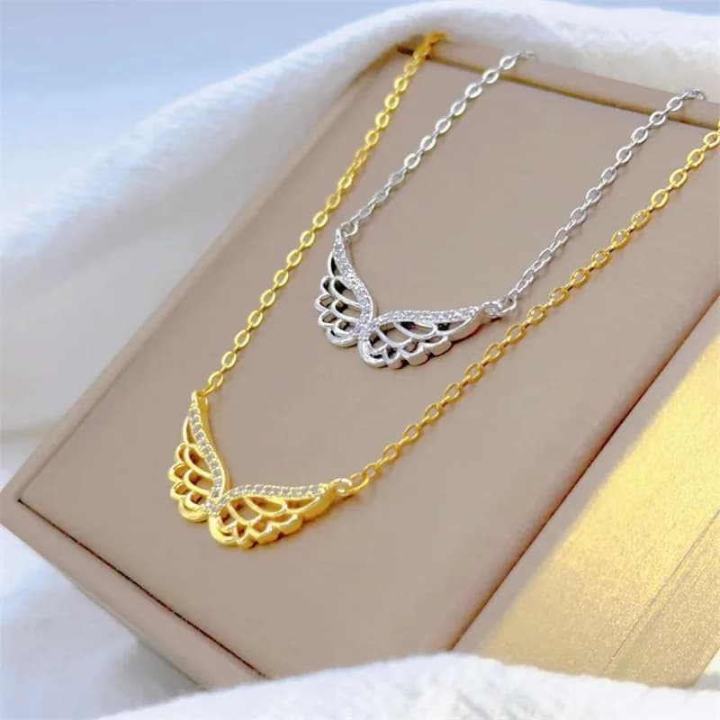 Classic Personality Micro Inlaid Jewelry Lucky Angel Wings Necklace Fashion Retro Hollow Design Stainless Steel Pendant