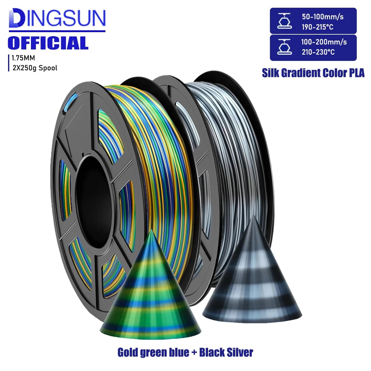 Silk PLA Filament 1,75 mm, colored PLA filament for 3D printer, 250 g/500 g/1000 g, green blue gold/black silver