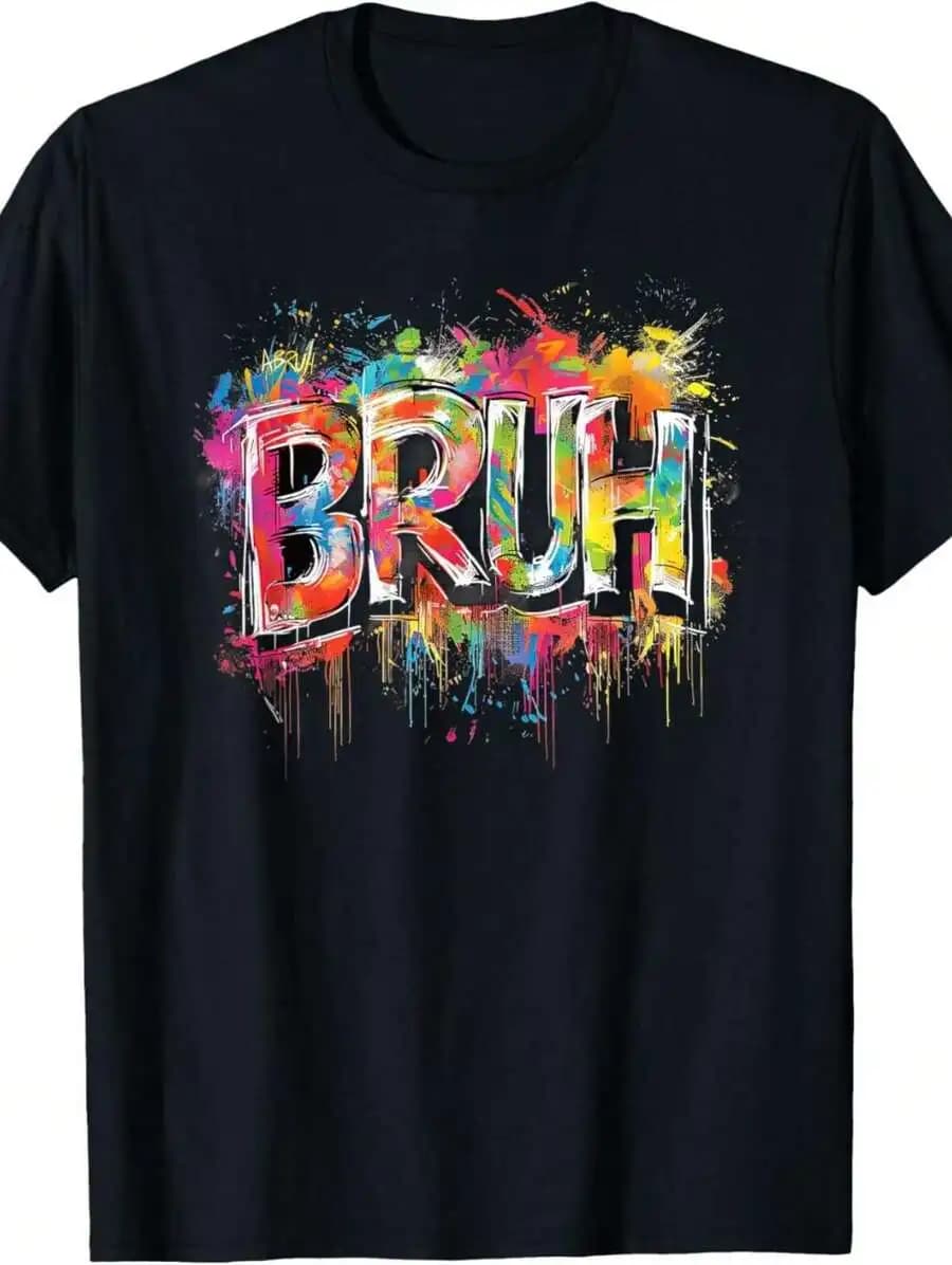 Men's Colorful Bruh Graphic T-Shirt Soft Cotton Casual Tee Vibrant Splash Print Black Round Neck