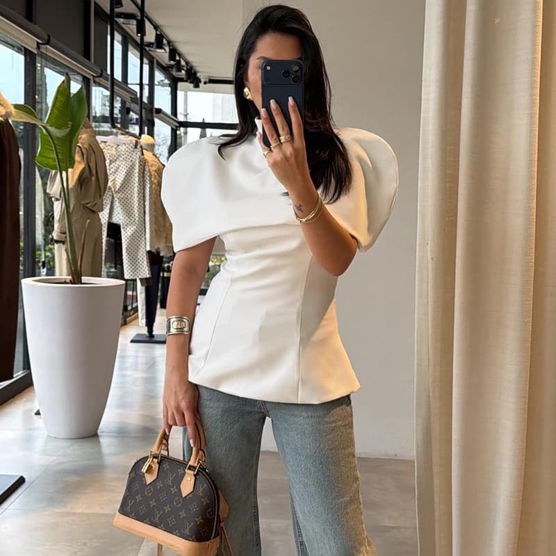 Typhaland T-shirt da donna a maniche corte, slim fit, tinta unita, con scollo a scialle, per il tempo libero, Nuova Collezione Estate 2026, di tendenza