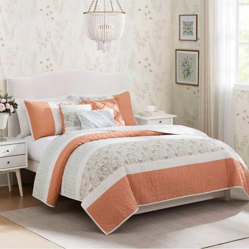 6 Piece Cotton Percale Quilt Set with Throw Pillows Coral Full/Queen