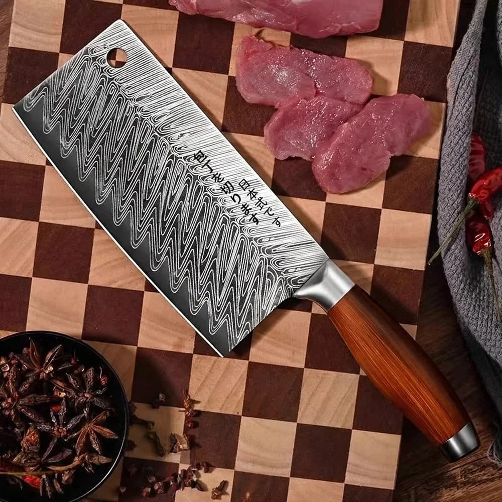 Coltello da Chef Giapponese in Acciaio Damascato, Coltello da Cucina Commerciale Ultra Affilato per Affettare e Tagliare Ossa C2612
