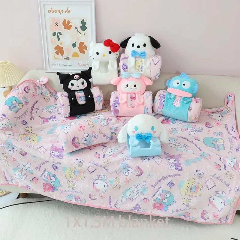 Cute Sanrio 2 in 1 Plush Pillow Blanket Hello Kitty Kuromi Cinnamoroll My Melody Pochacco Hangyodon Air Conditioning Nap Blanket