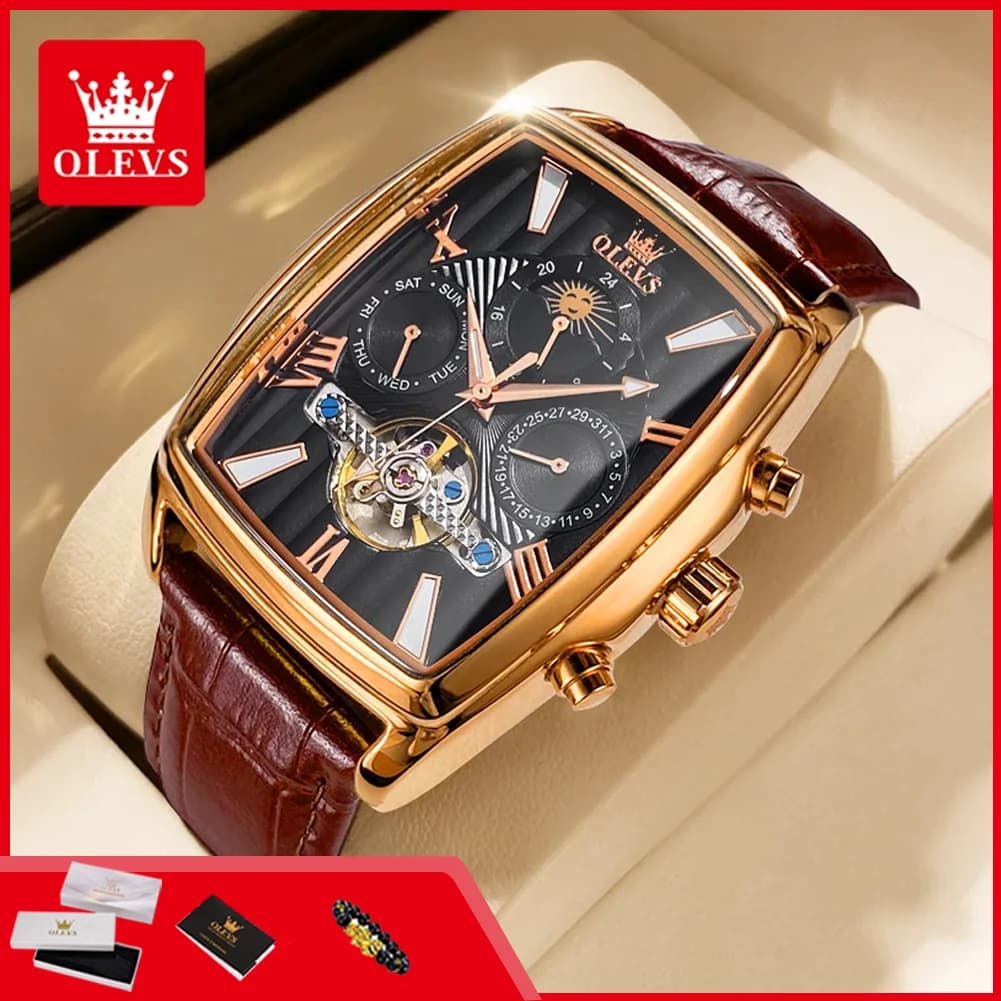 OLEVS 6675 Orologio Automatico Originale da Uomo, Marca di Lusso, Quadrante Tourbillon, Volano a Vista, Orologio Meccanico da Polso per Uomo