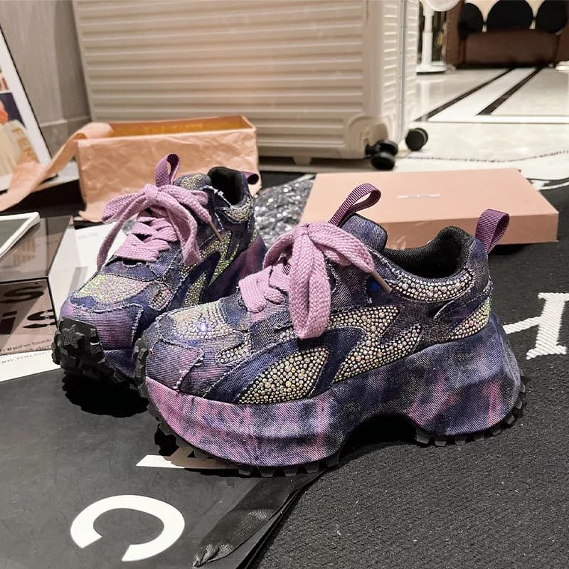 Women's sneaker Crystal Platform High heels Sports shoes 2025 Luxury Autumn New running trekking shoes with laces Casual Mujer Zapatos
