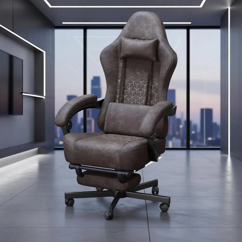 Sedia da gaming ergonomica con schienale alto e cuscino a molle insacchettate, pelle traspirante, sedile ampio, marrone