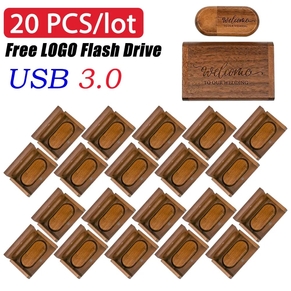 20pcs/lot Free Custom Logo USB 3.0 Flash Drive 128GB Beautiful Wooden Box Memory Stick 64GB Pen Drive 32GB Creative gift U disk