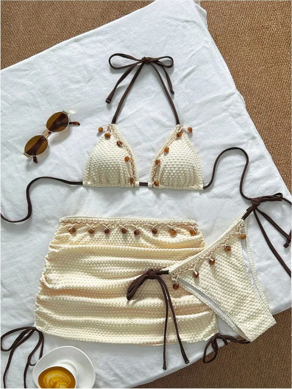 Women Textured 3 Piece Bikini Set Lace Trim Bead Halter Triangle Top Side Tie Ruched Skirt Cover Up Swimsuits Beach Swimwear