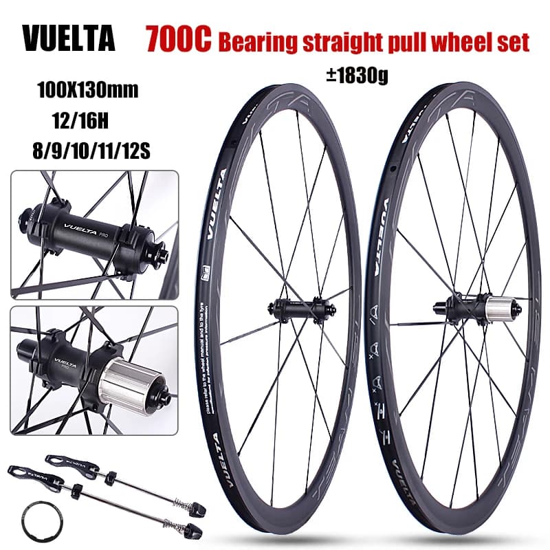 Set di Ruote per Bicicletta da Strada VUELTA 700C in Lega di Alluminio, Freno a V, 4 Cuscinetti, Trazione Diretta, Ultraleggere, 12/16 Fori, 100/130mm