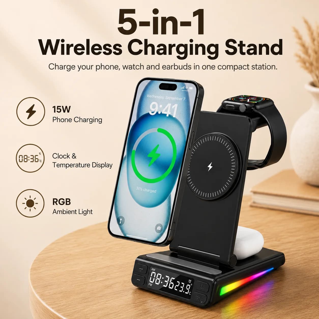 15W Magnetic Wireless Charger, 5 in 1 Foldable Charging Station with Clock RGB Light for iPhone, Android Phones, Watch, Earbuds