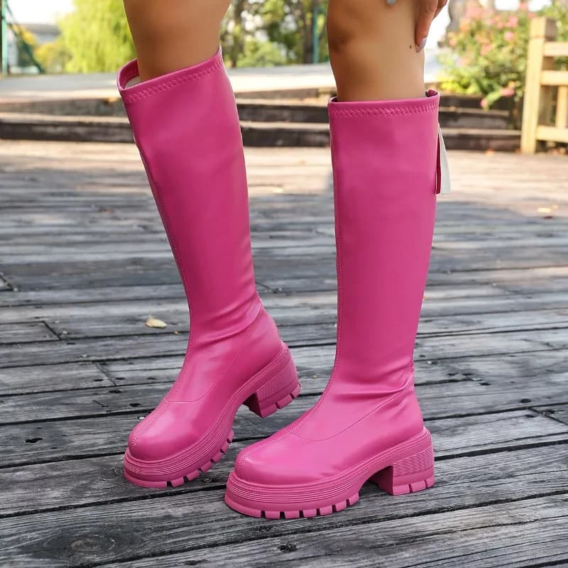 Stivali lunghi da donna Nuovi stivali skinny antiscivolo con punta tonda e piattaforma versatile con cerniera posteriore rialzata