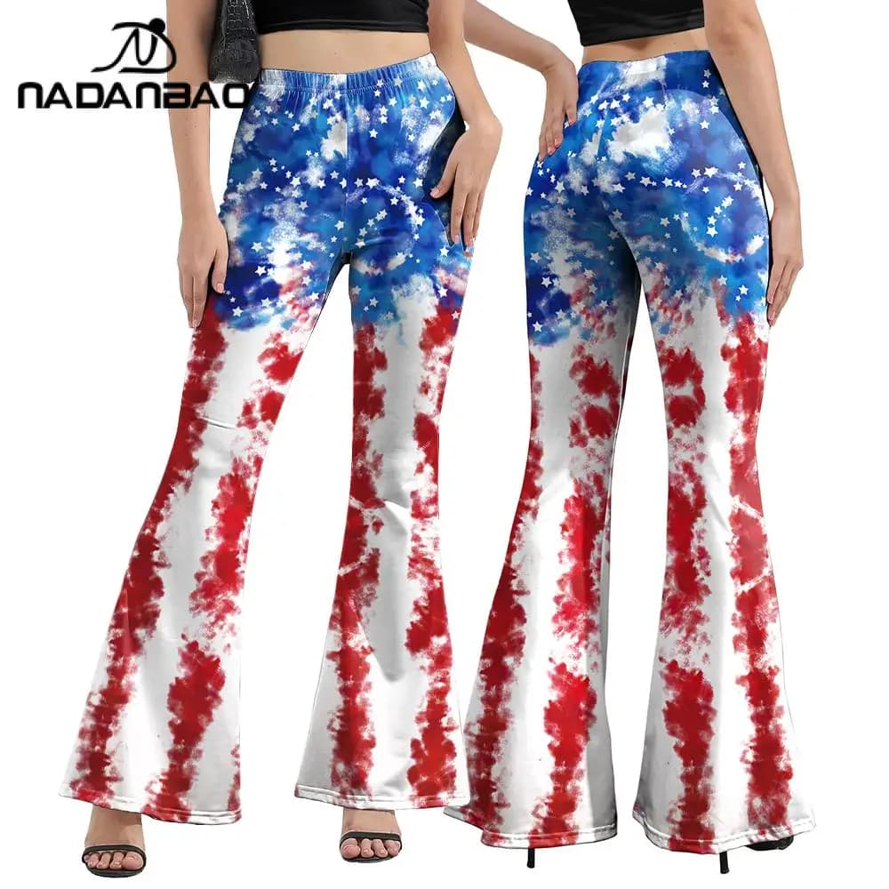 Nadanbao Leggings svasati tie-dye da donna bandiera USA 4 luglio Pantaloni a vita alta con fondo a campana Pantaloni con stampa digitale 3D Pantaloni per le vacanze Regalo