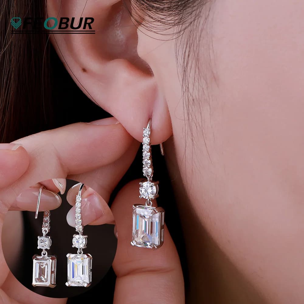 FEOBUR 4.5CT Emerald Cut Moissanite Drop Earrings Bridal Wedding S925 Silver Baguette Diamond Hook Earring Women Jewelry