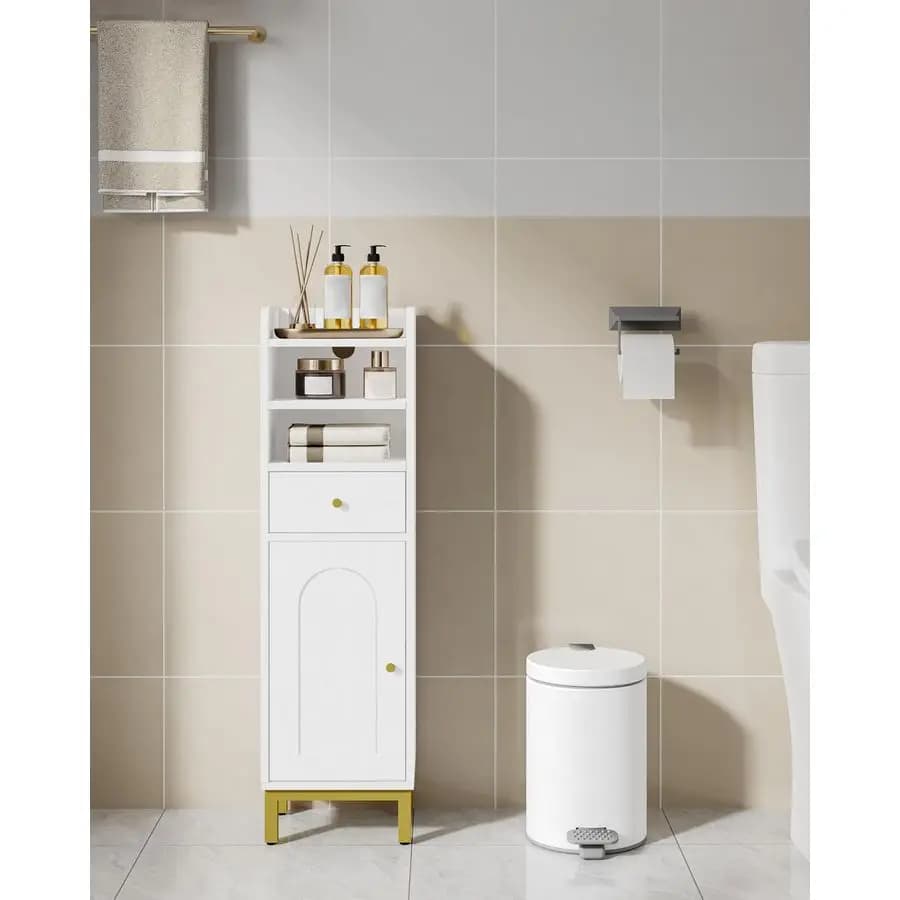 Mobiletto angolare da bagno con cassetti e ante, porta carta igienica stretto, organizer da bagno regolabile