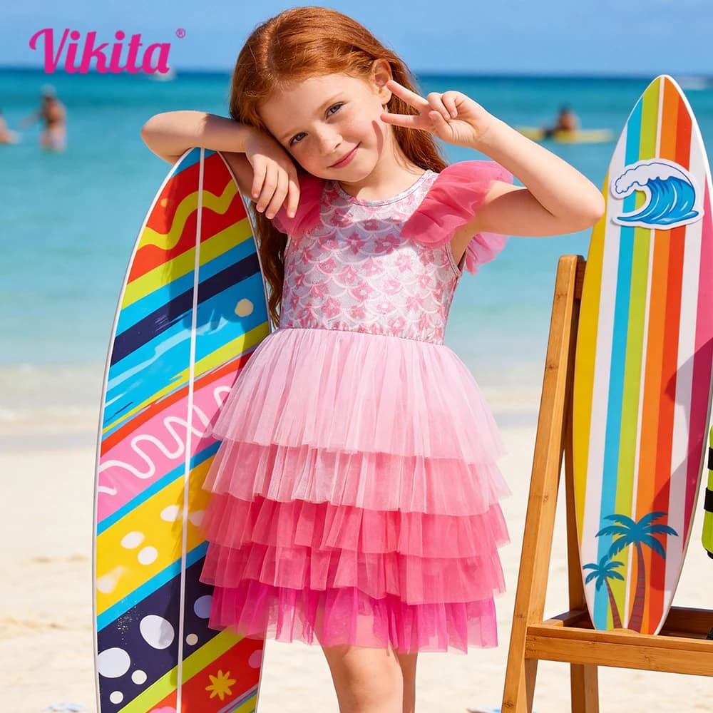 Girls Mermaid Scale Print Tiered Tulle Dress Kids Polyester Flutter Sleeve Summer Pink Ombre Layered Tutu Party Shiny Dresses