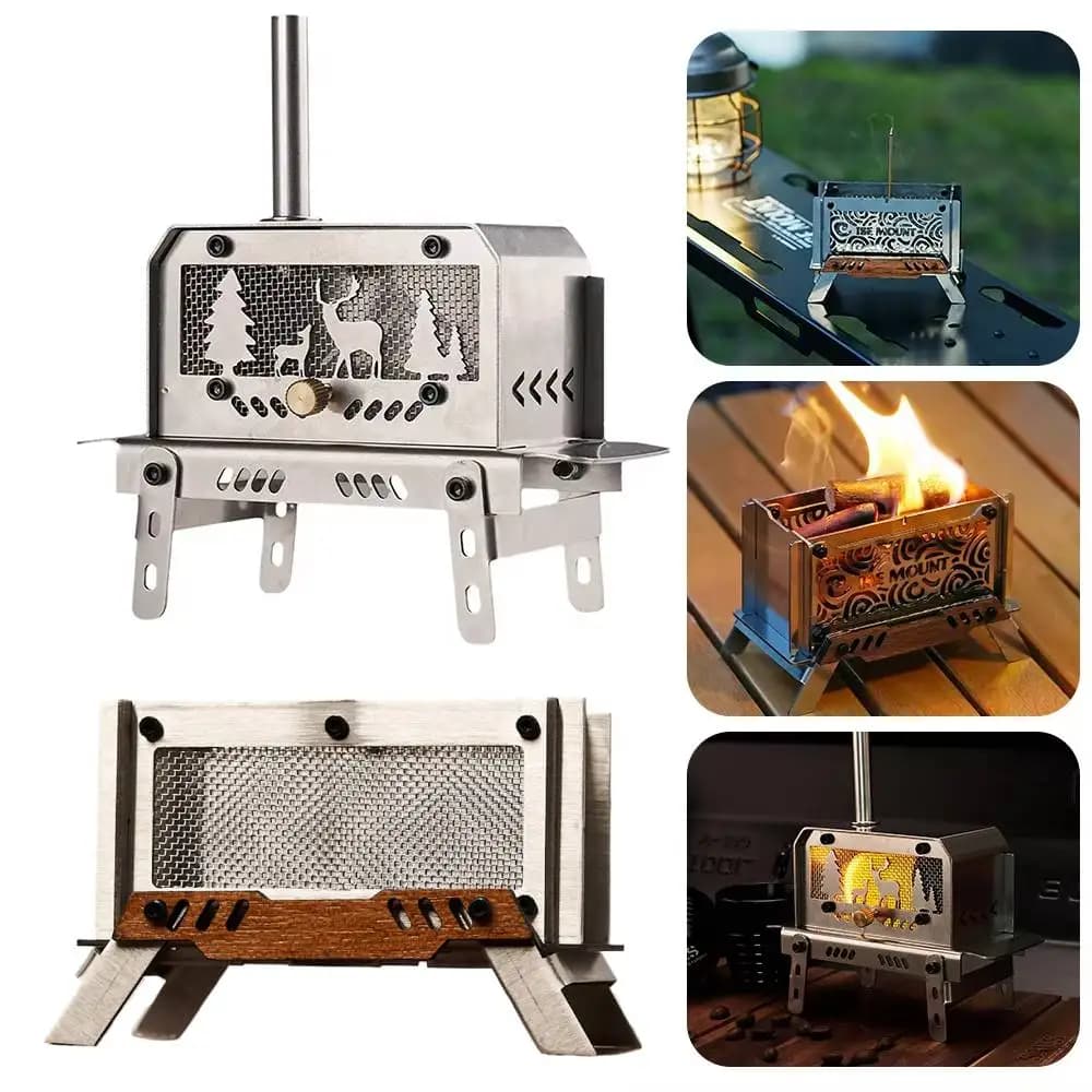Mini Outdoor Firewood Stove with Chimney Aromatherapy Holder Stainless Steel Camping Wood Stove for Backpacking Fishing