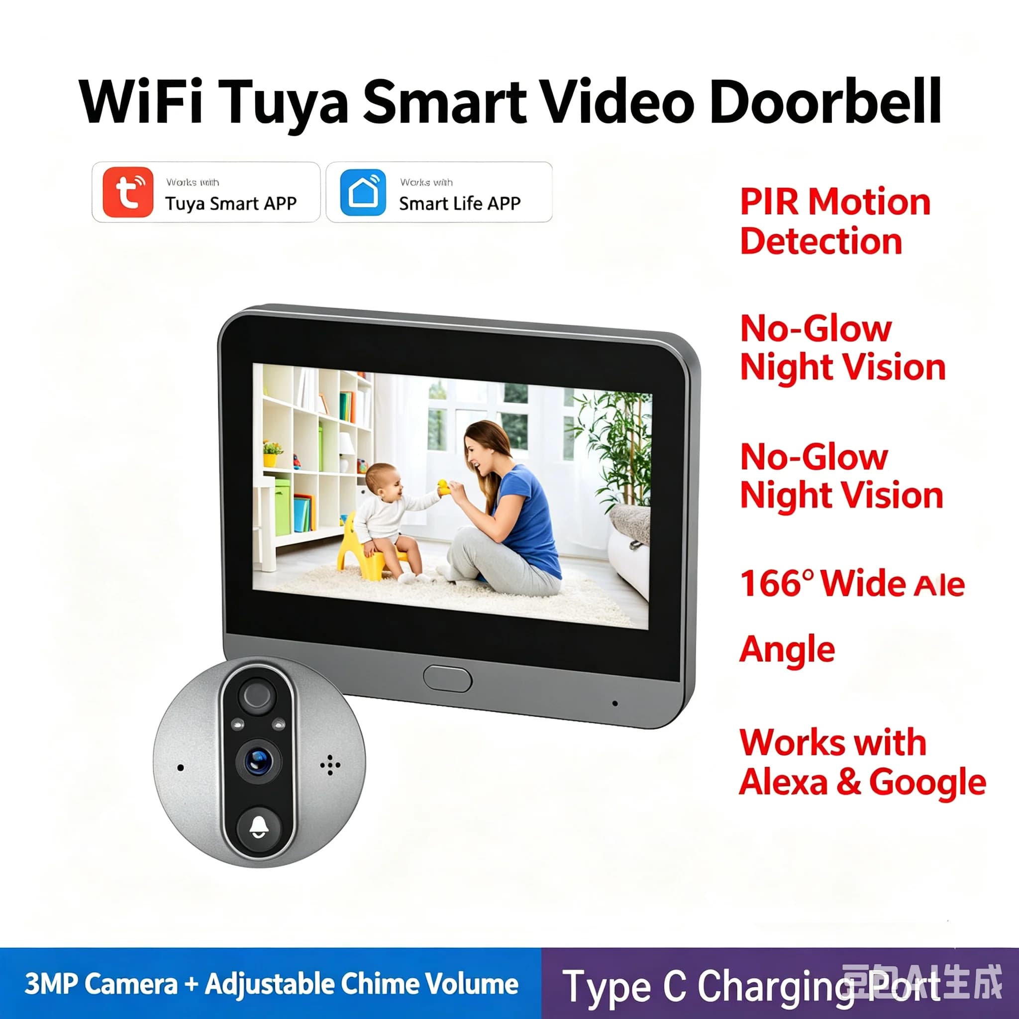 Tuya New 5 Inch 10000mAh Video Intercom WiFi Wireless Two-way Audio Electronic Peephole Visual Doorbell