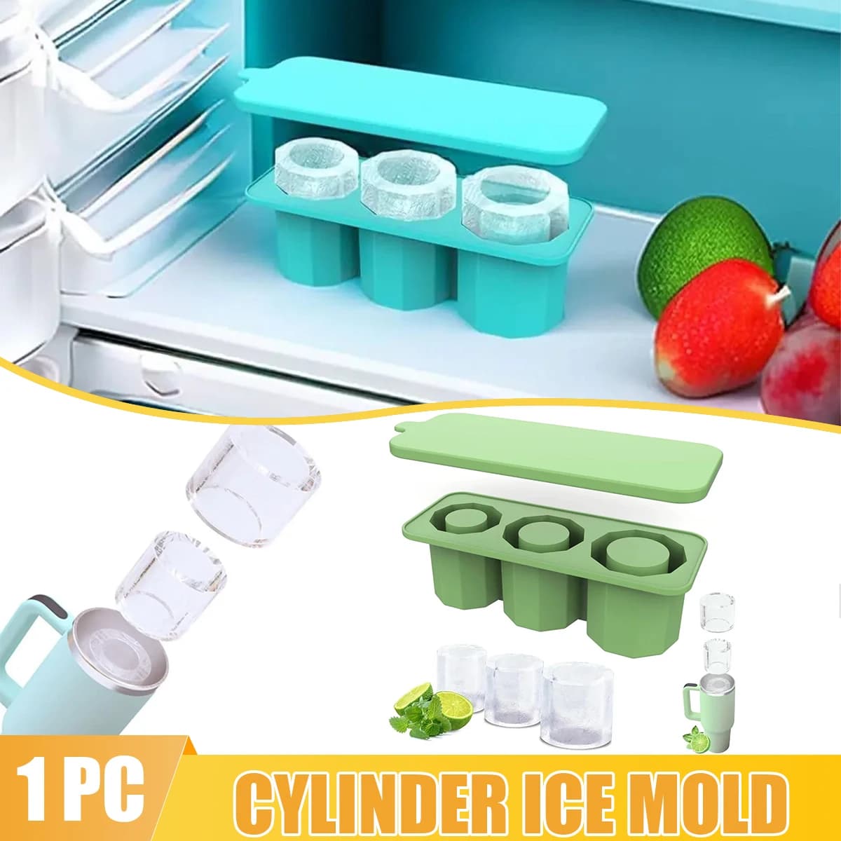 Vassoio per cubetti di ghiaccio in silicone con coperchio Macchina per cubetti di ghiaccio per 3 stampi per cubetti di ghiaccio cilindrici cavi per bevande fredde e succhi Utensili da cucina