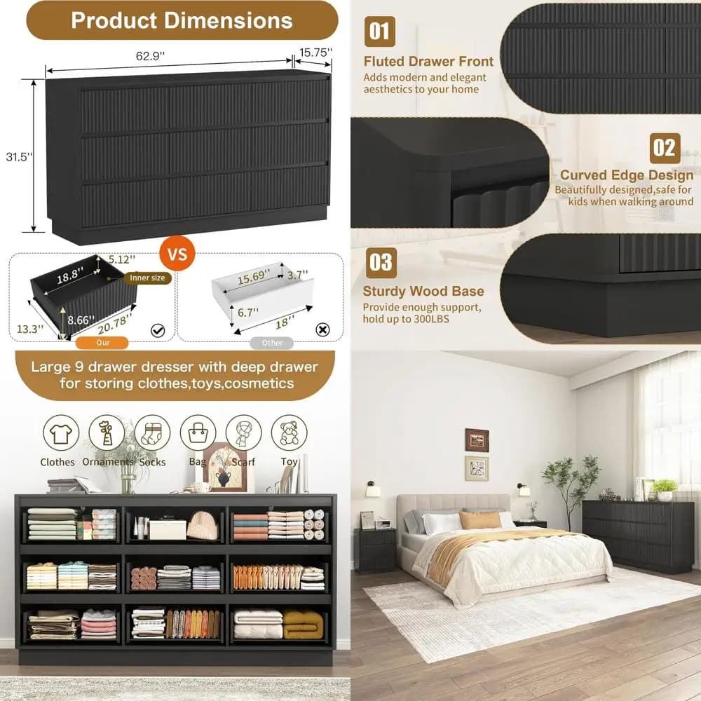Cassettiera Nera a 9 Cassetti per Camera da Letto con Bordi Curvi e Design Senza Maniglie per Soggiorno o Armadio