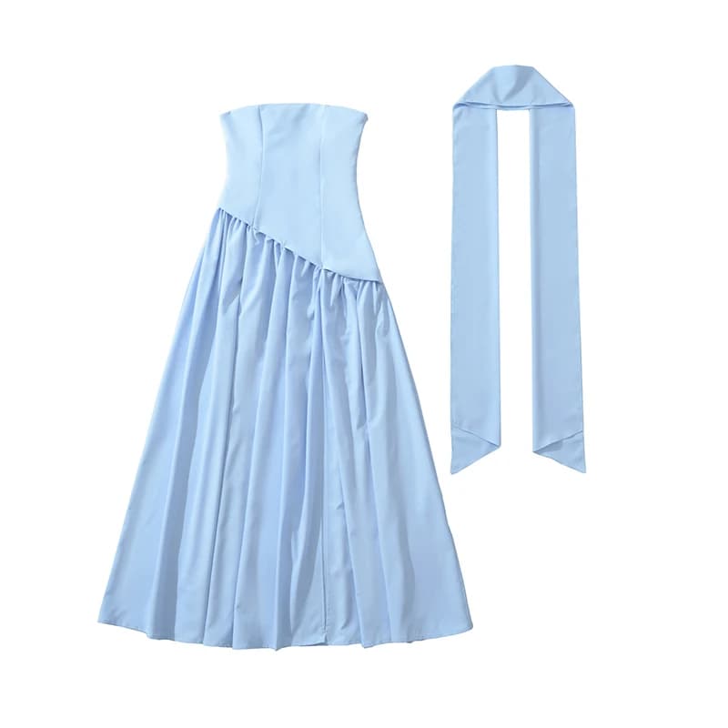 Abito Lungo da Donna Azzurro Senza Spalline con Spacco Asimmetrico e Arricciature, Vestito Elegante da Sera Formale con Sciarpa
