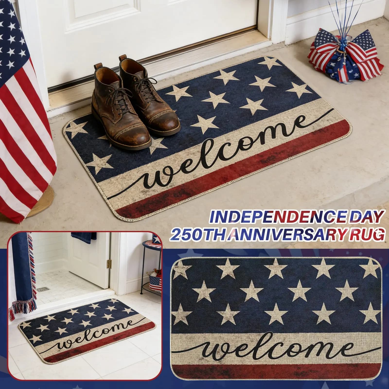 Tappeto d'ingresso patriottico per il 250° Anniversario, con bandiera USA rosso bianco blu, per la casa, per il Giorno dell'Indipendenza