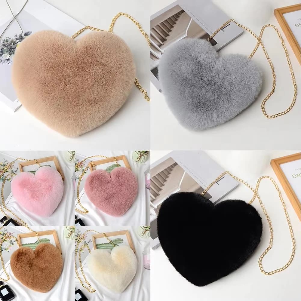 Borsa a tracolla da donna in pelliccia sintetica a forma di cuore, soffice e morbida borsa a tracolla con catena dorata, simpatico regalo di San Valentino per ragazze