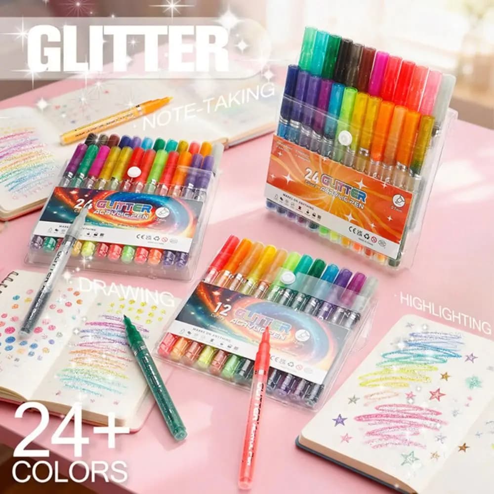 12/24Colors Glitter Pen Water-Based Quick-Drying Acrylic Pen Set DIY Graffiti Drawing Art Markers Pen Stone Wood Calligraphy