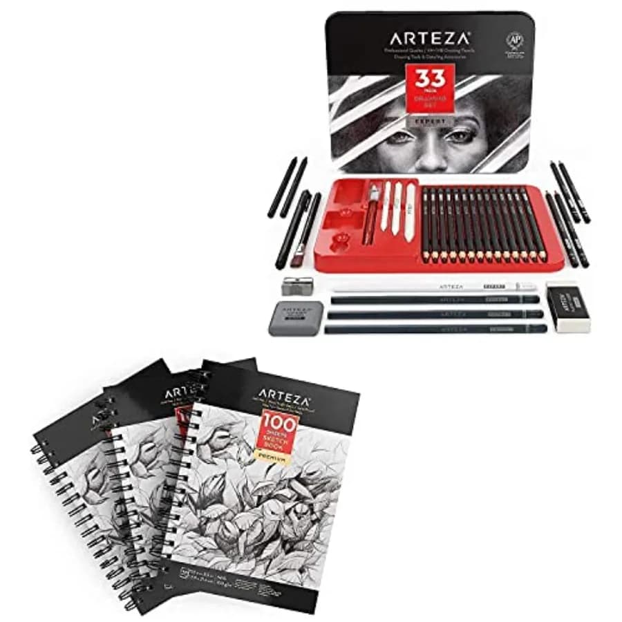 Drawing and Sketching Bundle, with Set of 33 Artist Sketching Tools and 3-Pack of Sketch Books, Drawing Art Supplies for Artist