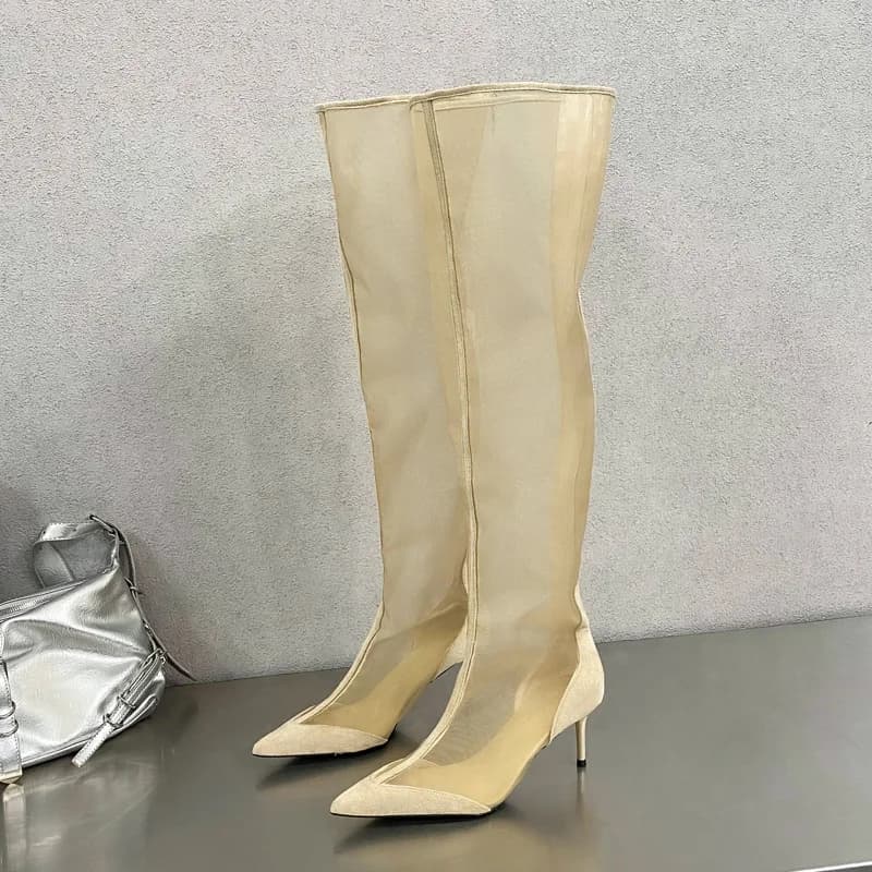 Eilyken New Design Mesh scarpe a punta da donna sopra il ginocchio sandali con cerniera alla moda tacchi alti sottili scarpe da ballo per feste