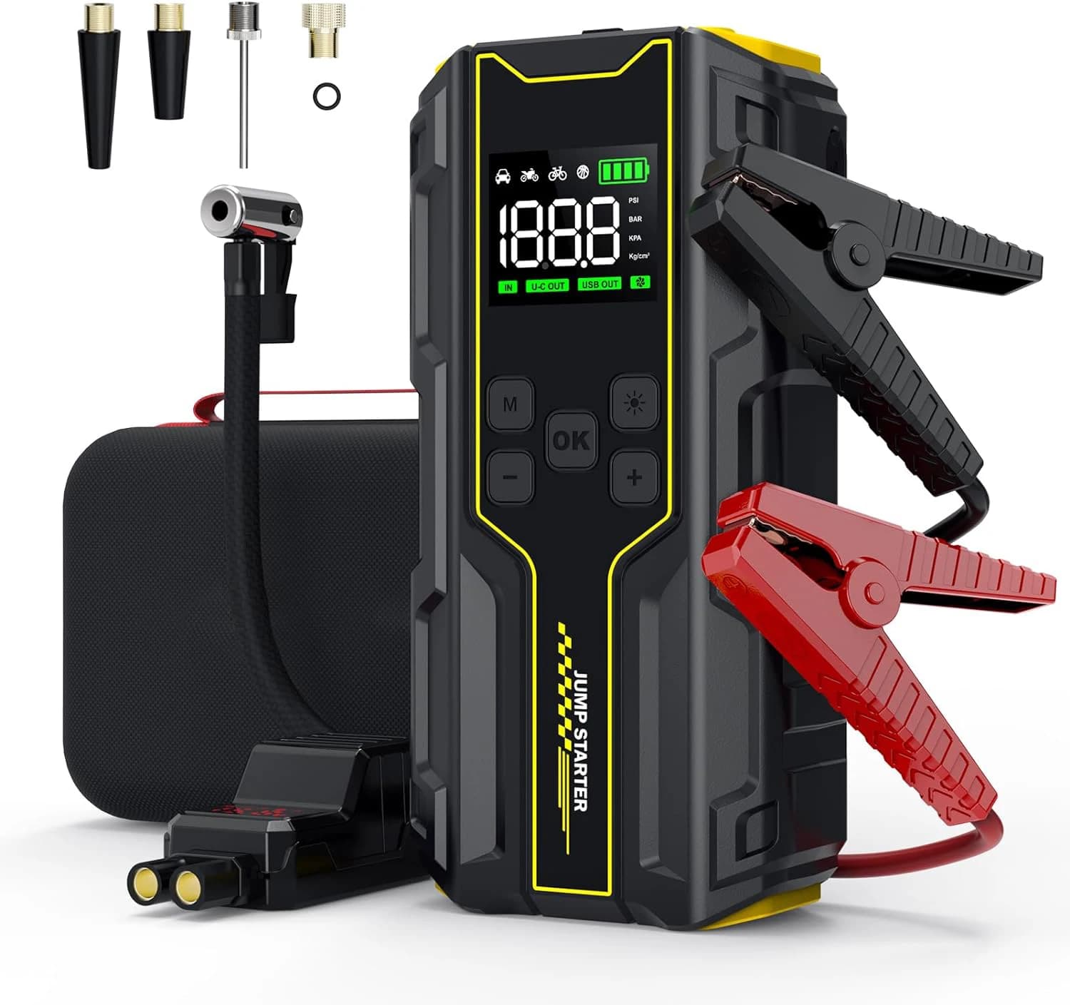 Nuovo rilascio 4000A 4 in 1 Avviatore di emergenza per auto multifunzionale con gonfiatore per pneumatici Kit di strumenti di emergenza a corrente di picco elevata Display LCD