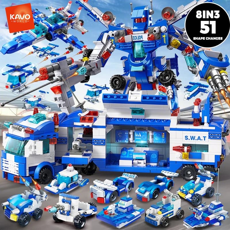 KAVOWORLD Set di Costruzioni 679 Pezzi, Auto della Polizia Cittadina 8in3, Camion, Elicottero, Robot, Mattoncini, Idea Regalo, Set di Costruzioni per Inseguimento Auto