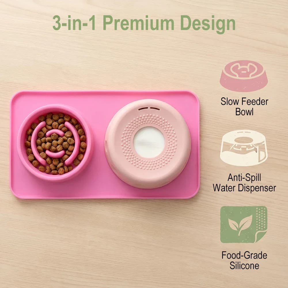 2-in-1 Silicone Dog Slow Feeder & Water Bowl Set Anti Wet Mouth Lick Mat Non-Spill Anti-Choking Pet Feeding Mat for Dogs Cats