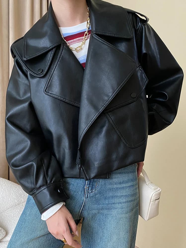 Ailegogo primavera autunno donna High Street Short Pu giacca in ecopelle Moto Biker femminile cappotto ampio tascabile Chic Outwear