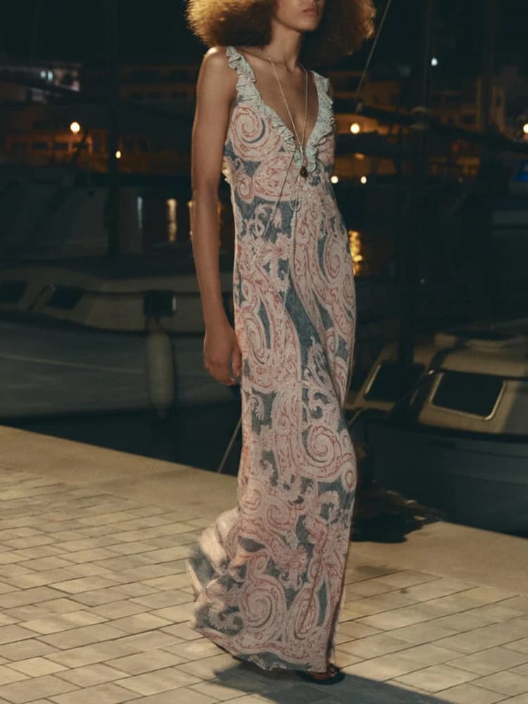 Nuovo Abito Estivo da Donna Stile Vacanza con Scollo a V, Senza Maniche, con Pizzo e Stampa, Vestito Intimo a Vita Alta, Linea ad A, Morbidezza Media