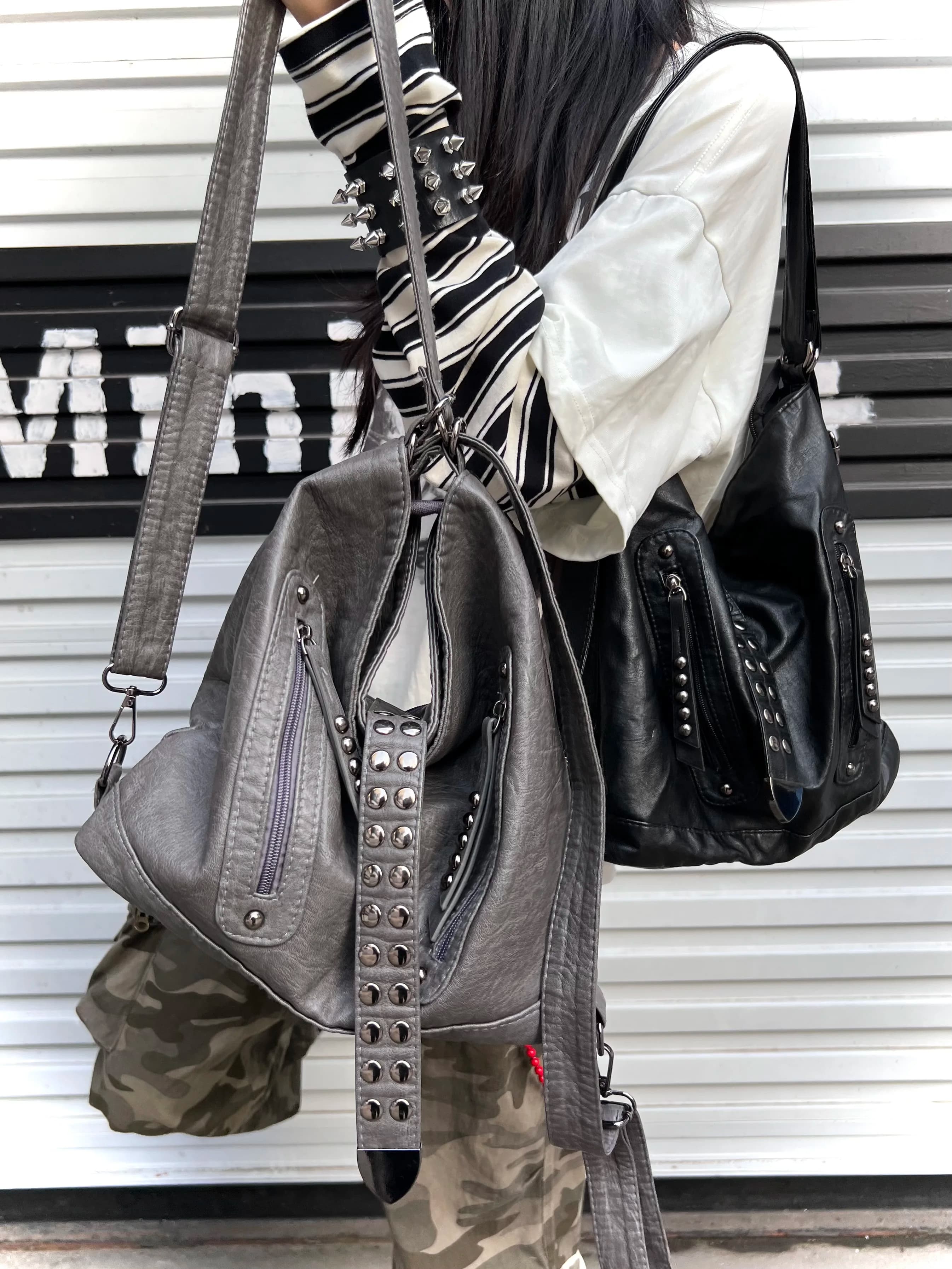 Handbag Spice Girl with retro rivet Backpack for large capacity commuters Handbags PU Leather Shoulder Bag