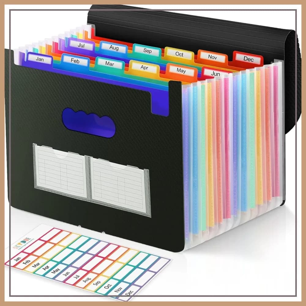 Organizzatore per Documenti a Fisarmonica con 12 Tasche, Cartella Espandibile Formato Lettera con Linguette Colorate, Porta Ricevute e Scontrini Portatile Nero