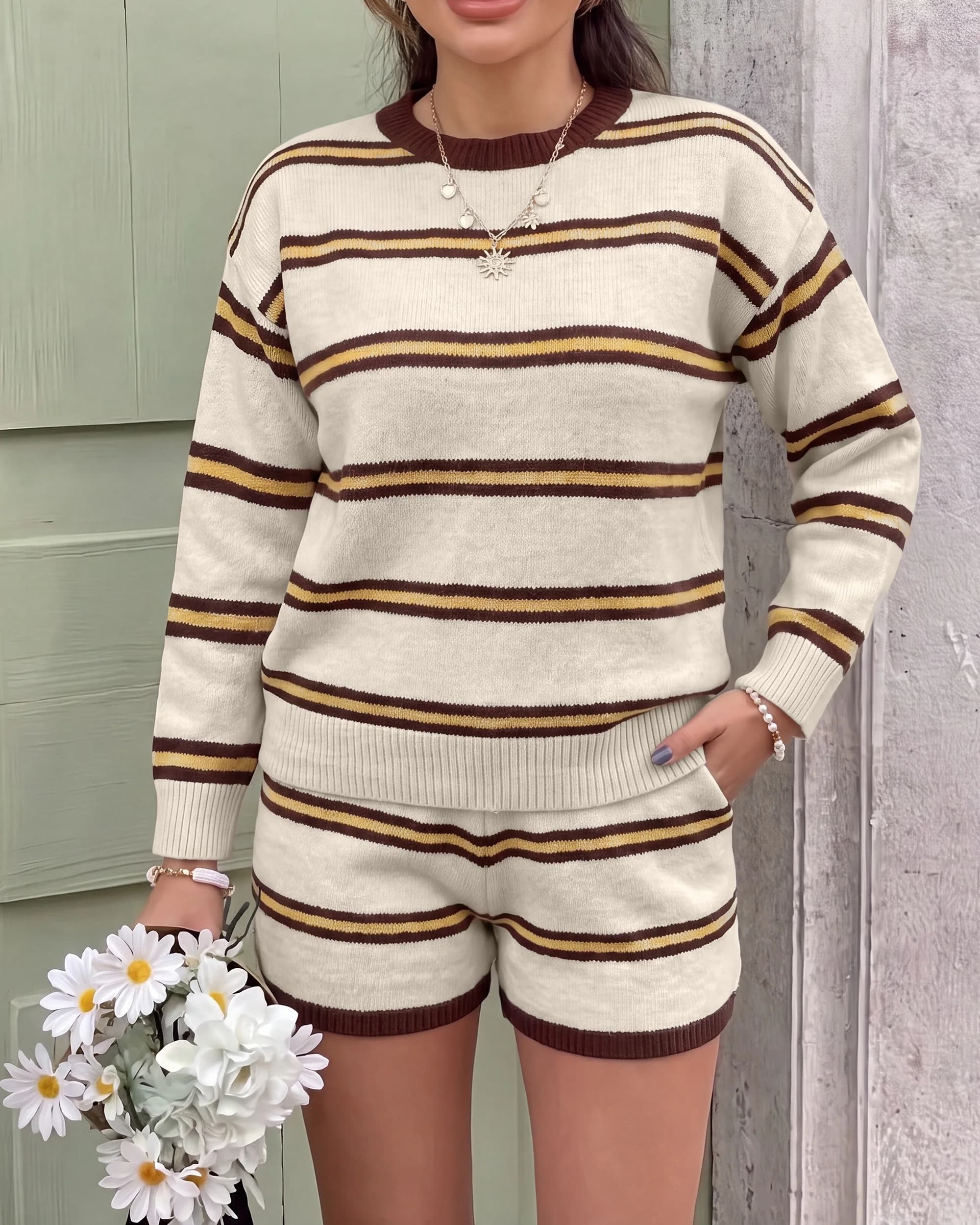 Women's Casual Striped Knit Sweater Shorts Set Long Sleeve Crew Neck Loungewear