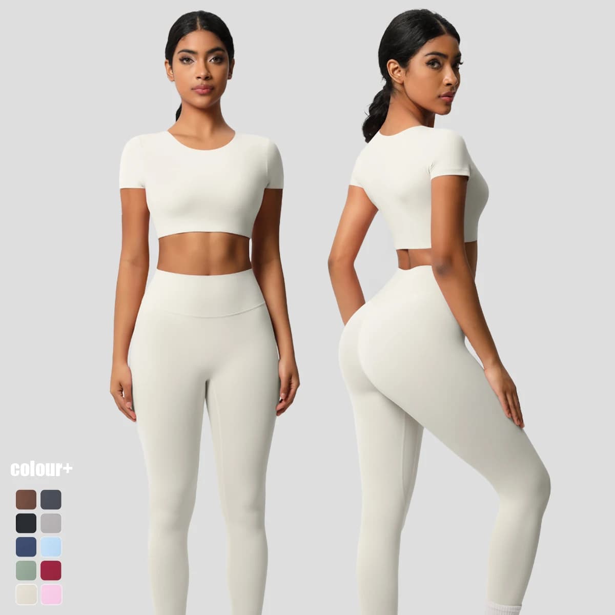 2Pcs Yoga Set Sports Suit Women Quick Drying Gym Clothes Workout Long Sleeve Sports Shirt High Elastic Solid Color Leggings