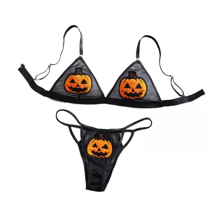 Sexy Bra Brief Set Halloween Festival Pattern Wire-free Lingerie Hollow Out Underwear Lace Embroidery Triangle Cup Exotic Set