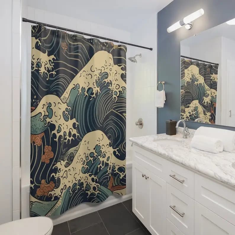Tenda da doccia Great Wave of Japan - Decorazione da bagno giapponese ispirata a Ukiyo-e, design Kanagawa Wave