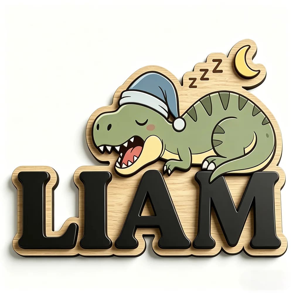 Personalized Sleepy Dinosaur Name Sign, Wooden Nursery Decor with Moon & ZZZ, Cute Kids Door Plaque, Unique Baby Gift