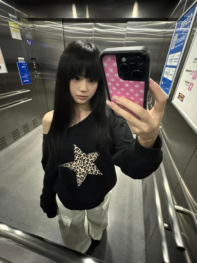 Loose Fit Long Sleeve Hoodie Women's Autumn Winter Shoulder Bared Patchwork One Shoulder Sweatshirt Commute Style Regular Length