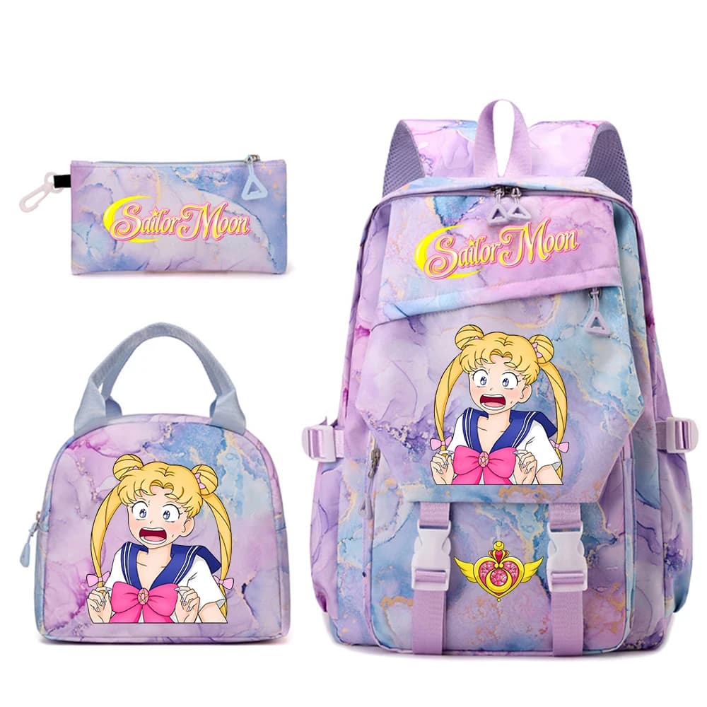 Set Zaino Scuola Sailor Moon Anime 3 Pezzi per Ragazze con Borsa Pranzo e Astuccio, Leggero e Casual per Studentesse