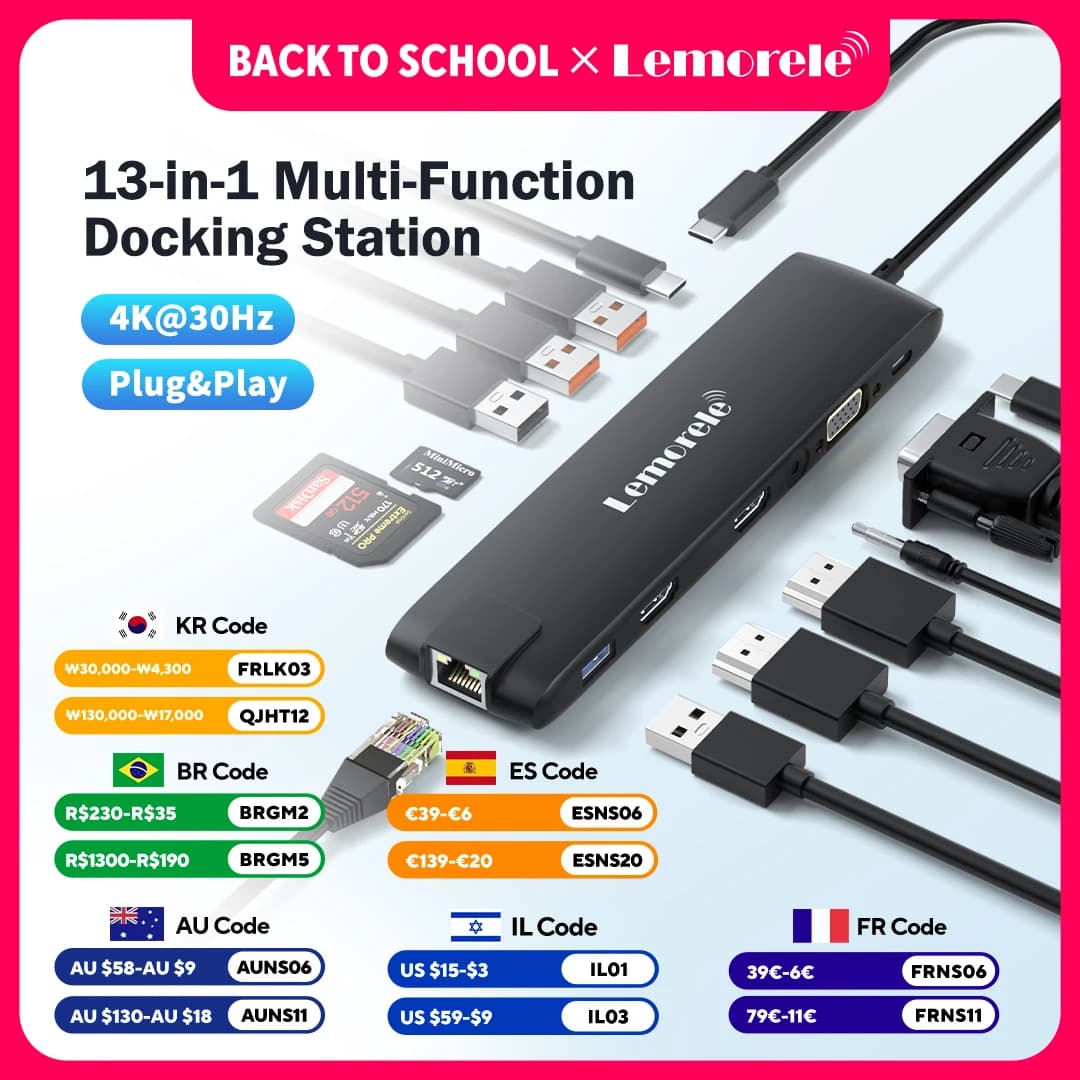 Lemorele TC96 Hub USB USB 3.1 Dock Station USBC a Dual HDMI 4K 10Gpbs Tipo-C Adattatore VGA USBC 3.1Gigabit Ethernet per Mac Win