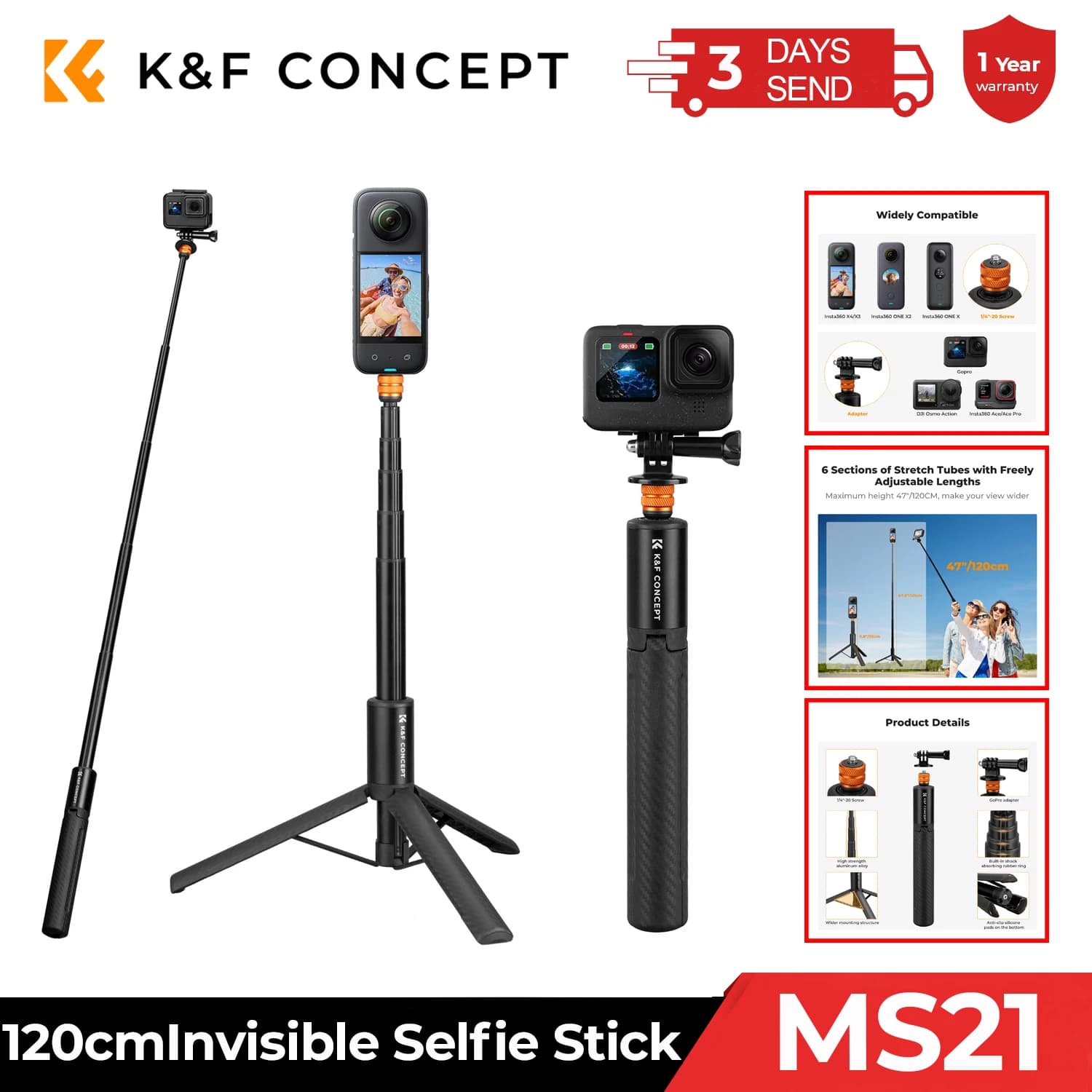 K&F CONCEPT 120cm Invisible Selfie Auction, Insta360 Sports Camera Extension, GoPro, DJI OSMO Pocket 3, Stretchable Monopiede