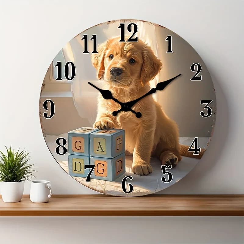 1 orologio da parete silenzioso che non ticchetta, con un design decorativo rotondo di un Golden Retriever con blocchi di alfabeto, Sui