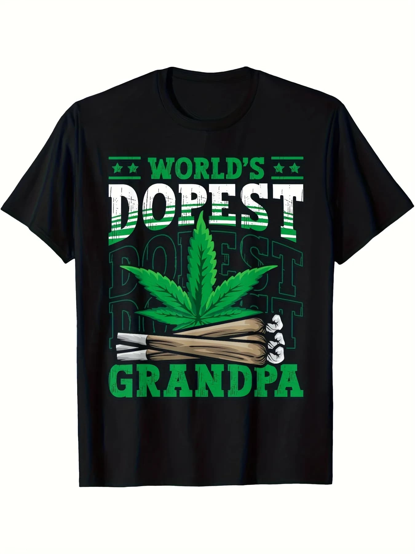 The shirt with world's coolest grandfather pattern, soft, black, with green leaves and white letter prints